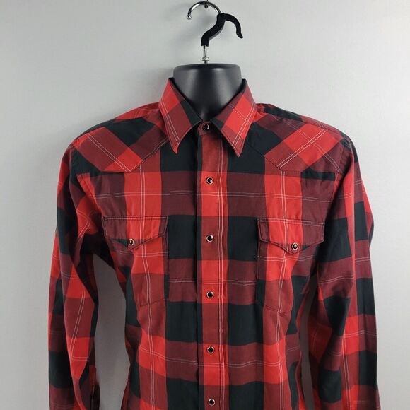 Wrangler Cowboy cut pearl snap plaid red button down shirt 15.5-35 M mens 3192‎ - Picture 2 of 9